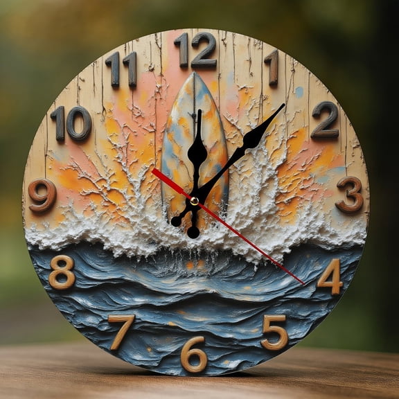 Wall Clock Decorative - Retro Surfboard Splash Print 2D Vintage Wall Clocks Battery Operated Silent Non-Ticking for Bedroom, Living Room, Kitchen, Office, Classroom, 10 Inch