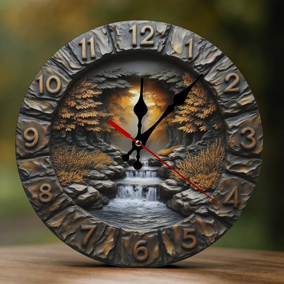 Wall Clock Decorative - Rustic Autumn Waterfall Print 2D Vintage Wall Clocks Battery Operated Silent Non-Ticking for Bedroom, Living Room, Kitchen, Office, Classroom, 10 Inch
