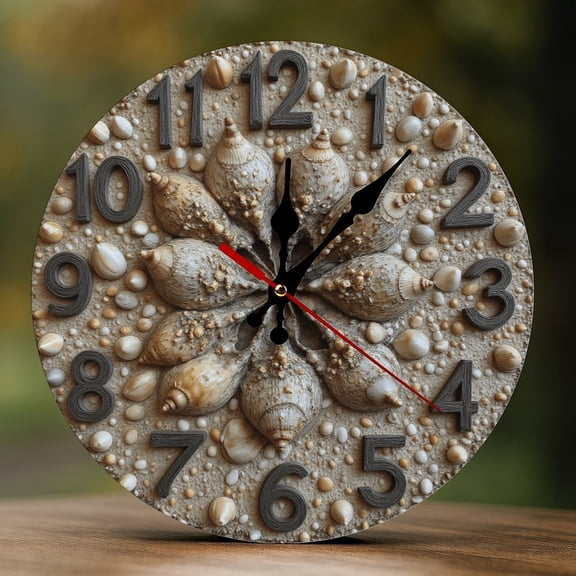 Wall Clock Decorative - Rustic Beige Seashell Pattern Print 2D Vintage Wall Clocks Battery Operated Silent Non-Ticking for Bedroom, Living Room, Kitchen, Office, Classroom, 10 Inch