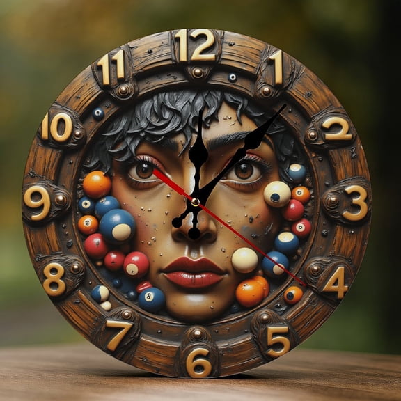 Wall Clock Decorative - Rustic Billiard Balls Print 2D Vintage Wall Clocks Battery Operated Silent Non-Ticking for Bedroom, Living Room, Kitchen, Office, Classroom, 10 Inch