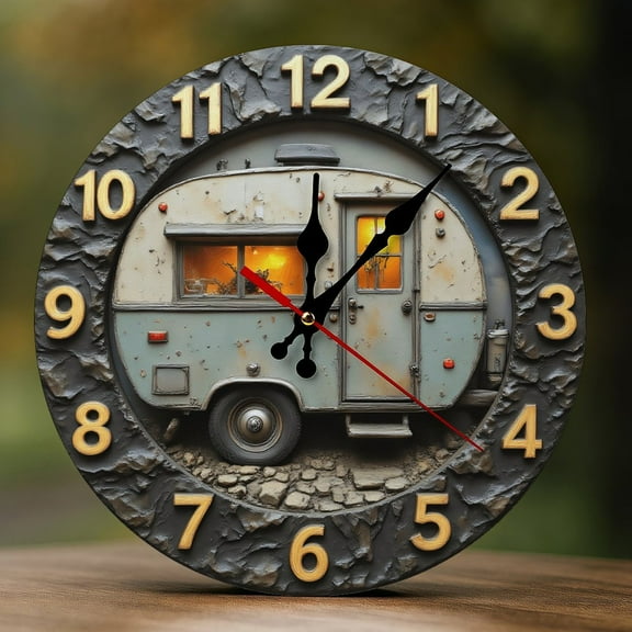 Wall Clock Decorative - Rustic Blue Camper Print 2D Vintage Wall Clocks Battery Operated Silent Non-Ticking for Bedroom, Living Room, Kitchen, Office, Classroom, 10 Inch