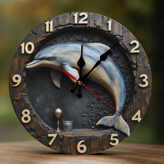 Wall Clock Decorative - Rustic Blue Dolphin Print 2D Vintage Wall Clocks Battery Operated Silent Non-Ticking for Bedroom, Living Room, Kitchen, Office, Classroom, 10 Inch