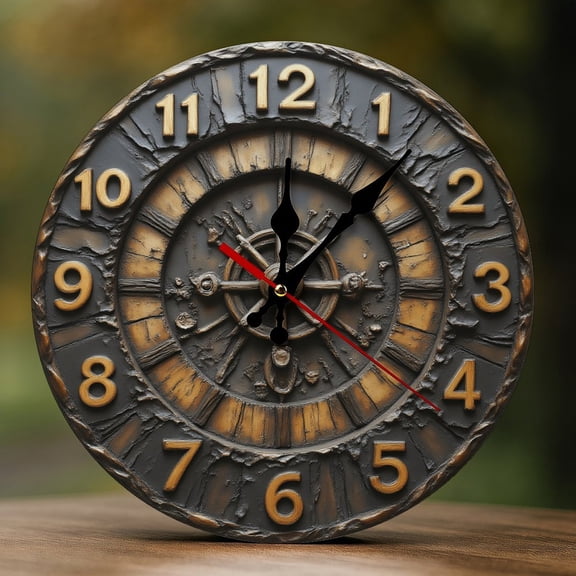 Wall Clock Decorative - Rustic Bronze Wheel Print 2D Vintage Wall Clocks Battery Operated Silent Non-Ticking for Bedroom, Living Room, Kitchen, Office, Classroom, 10 Inch