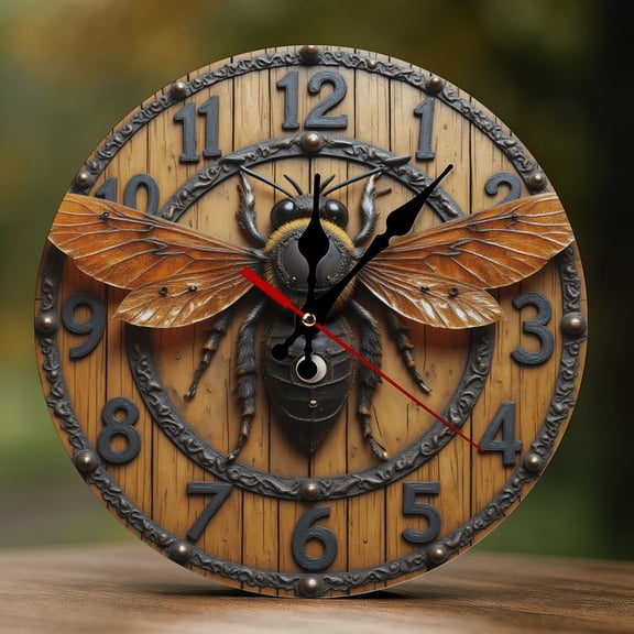 Wall Clock Decorative - Rustic Brown Bee Print 2D Vintage Wall Clocks Battery Operated Silent Non-Ticking for Bedroom, Living Room, Kitchen, Office, Classroom, 10 Inch