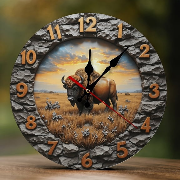 Wall Clock Decorative - Rustic Brown Bison-B Print 2D Vintage Wall Clocks Battery Operated Silent Non-Ticking for Bedroom, Living Room, Kitchen, Office, Classroom, 10 Inch