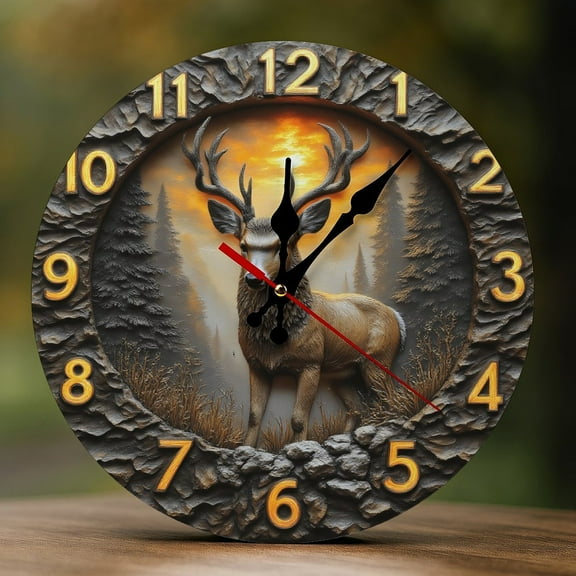 Wall Clock Decorative - Rustic Brown Deer-G Print 2D Vintage Wall Clocks Battery Operated Silent Non-Ticking for Bedroom, Living Room, Kitchen, Office, Classroom, 10 Inch
