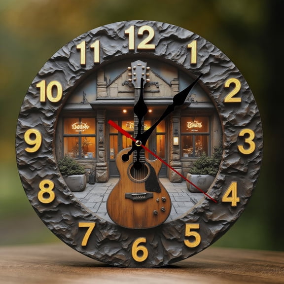 Wall Clock Decorative - Rustic Brown Guitar Print 2D Vintage Wall Clocks Battery Operated Silent Non-Ticking for Bedroom, Living Room, Kitchen, Office, Classroom, 10 Inch