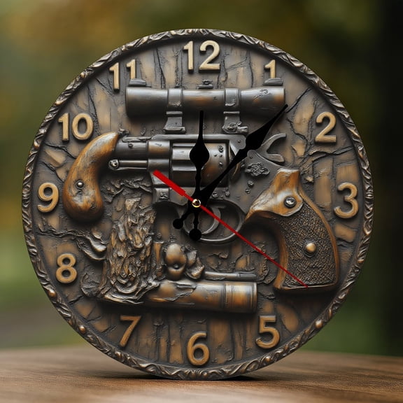 Wall Clock Decorative - Rustic Brown Revolver Print 2D Vintage Wall Clocks Battery Operated Silent Non-Ticking for Bedroom, Living Room, Kitchen, Office, Classroom, 10 Inch