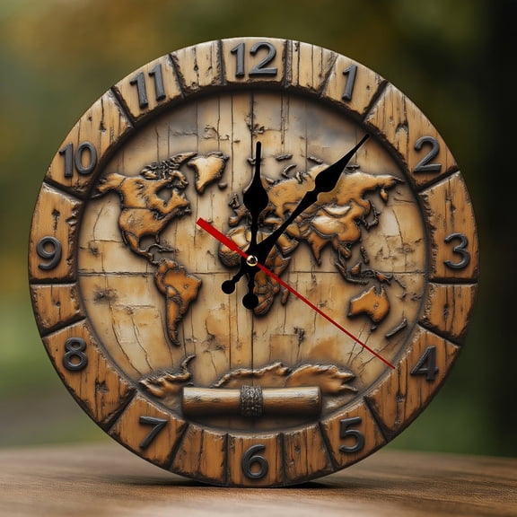 Wall Clock Decorative - Rustic Brown World Map-A Print 2D Vintage Wall Clocks Battery Operated Silent Non-Ticking for Bedroom, Living Room, Kitchen, Office, Classroom, 10 Inch