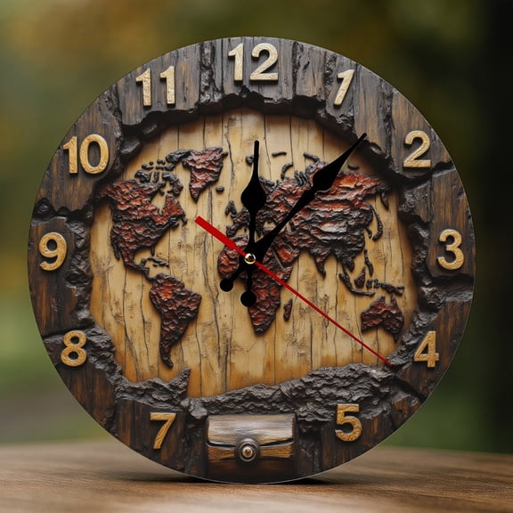Wall Clock Decorative - Rustic Brown World Map Print 2D Vintage Wall Clocks Battery Operated Silent Non-Ticking for Bedroom, Living Room, Kitchen, Office, Classroom, 10 Inch