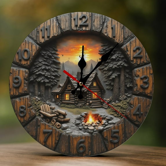 Wall Clock Decorative - Rustic Cabin Fire Print 2D Vintage Wall Clocks Battery Operated Silent Non-Ticking for Bedroom, Living Room, Kitchen, Office, Classroom, 10 Inch