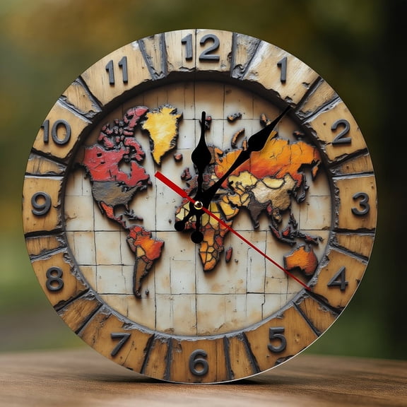 Wall Clock Decorative - Rustic Colorful World Map Print 2D Vintage Wall Clocks Battery Operated Silent Non-Ticking for Bedroom, Living Room, Kitchen, Office, Classroom, 10 Inch