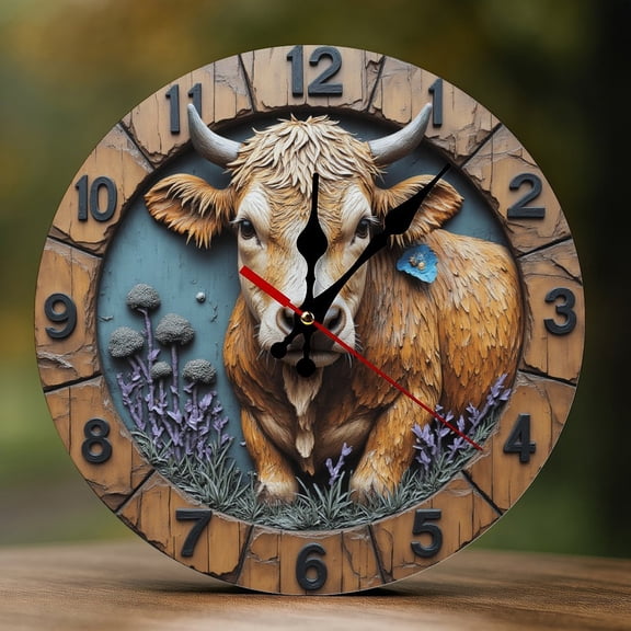 Wall Clock Decorative - Rustic Cow with Flowers Print 2D Vintage Wall Clocks Battery Operated Silent Non-Ticking for Bedroom, Living Room, Kitchen, Office, Classroom, 10 Inch
