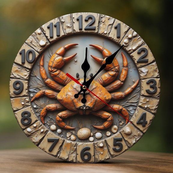 Wall Clock Decorative - Rustic Crab Circle Print 2D Vintage Wall Clocks Battery Operated Silent Non-Ticking for Bedroom, Living Room, Kitchen, Office, Classroom, 10 Inch