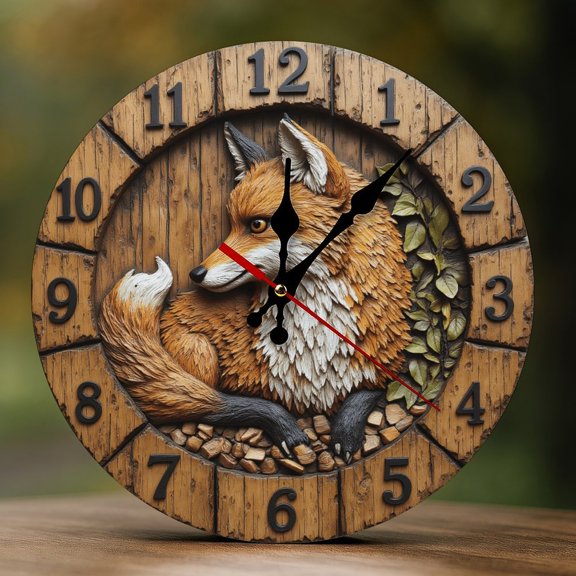 Wall Clock Decorative - Rustic Fox Print 2D Vintage Wall Clocks Battery Operated Silent Non-Ticking for Bedroom, Living Room, Kitchen, Office, Classroom, 10 Inch