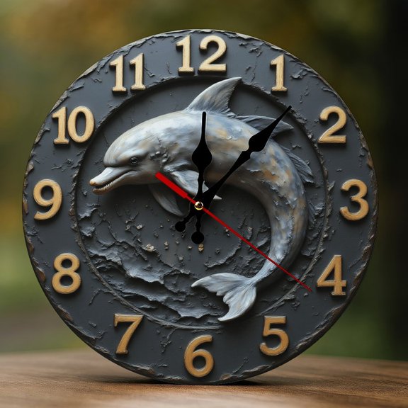 Wall Clock Decorative - Rustic Gray Dolphin Print 2D Vintage Wall Clocks Battery Operated Silent Non-Ticking for Bedroom, Living Room, Kitchen, Office, Classroom, 10 Inch