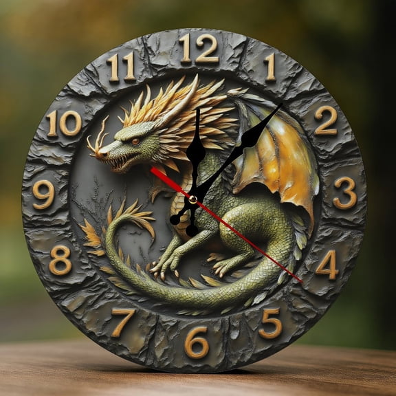 Wall Clock Decorative - Rustic Green Dragon Print 2D Vintage Wall Clocks Battery Operated Silent Non-Ticking for Bedroom, Living Room, Kitchen, Office, Classroom, 10 Inch