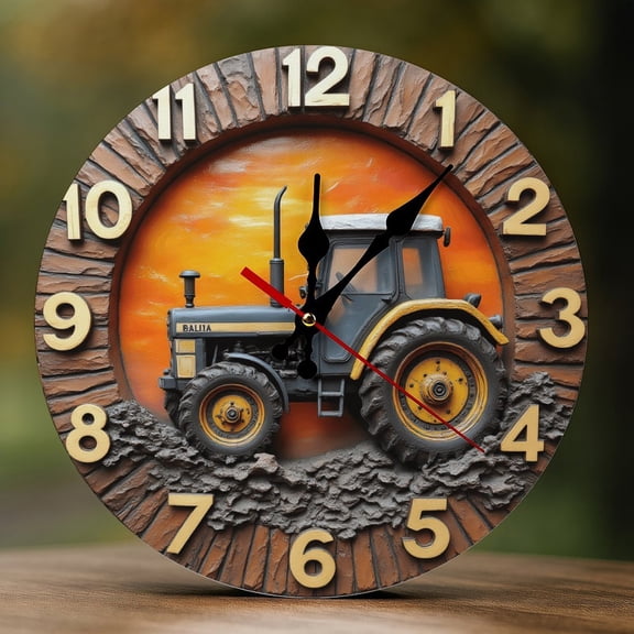 Wall Clock Decorative - Rustic Orange Tractor Print 2D Vintage Wall Clocks Battery Operated Silent Non-Ticking for Bedroom, Living Room, Kitchen, Office, Classroom, 10 Inch
