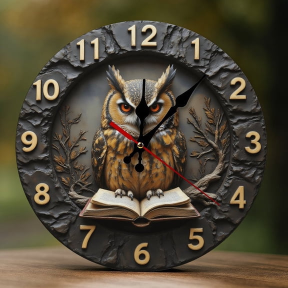 Wall Clock Decorative - Rustic Owl Book Print 2D Vintage Wall Clocks Battery Operated Silent Non-Ticking for Bedroom, Living Room, Kitchen, Office, Classroom, 10 Inch