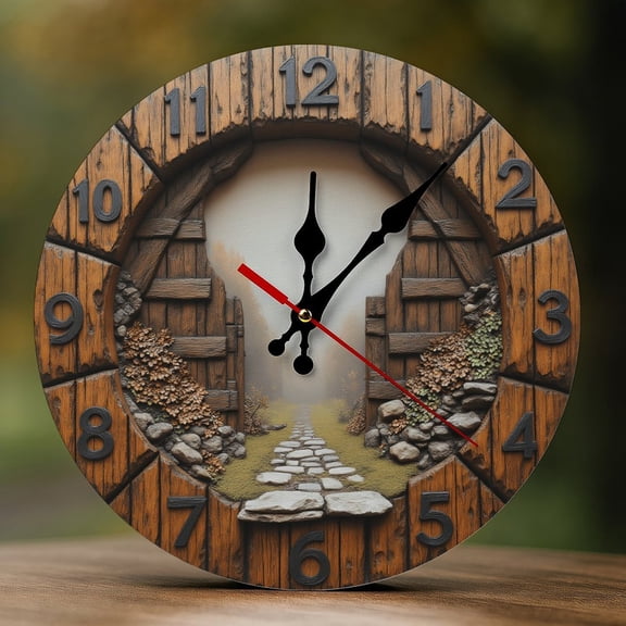 Wall Clock Decorative - Rustic Pathway Gate Print 2D Vintage Wall Clocks Battery Operated Silent Non-Ticking for Bedroom, Living Room, Kitchen, Office, Classroom, 10 Inch