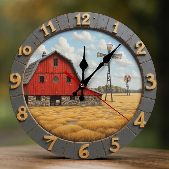 Wall Clock Decorative - Rustic Red Barn-A Print 2D Vintage Wall Clocks Battery Operated Silent Non-Ticking for Bedroom, Living Room, Kitchen, Office, Classroom, 10 Inch