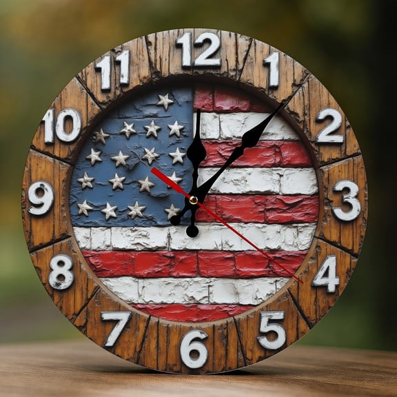 Wall Clock Decorative - Rustic Red Flag Print 2D Vintage Wall Clocks Battery Operated Silent Non-Ticking for Bedroom, Living Room, Kitchen, Office, Classroom, 10 Inch