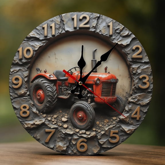 Wall Clock Decorative - Rustic Red Tractor Print 2D Vintage Wall Clocks Battery Operated Silent Non-Ticking for Bedroom, Living Room, Kitchen, Office, Classroom, 10 Inch