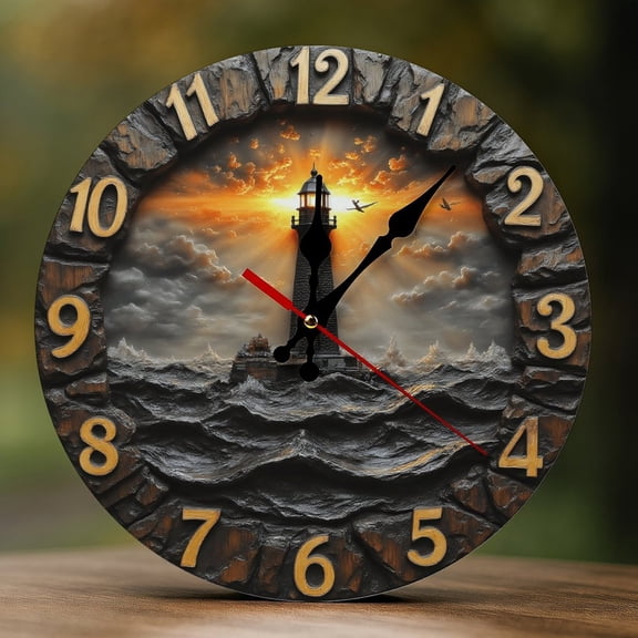 Wall Clock Decorative - Rustic Sunset Lighthouse Print 2D Vintage Wall Clocks Battery Operated Silent Non-Ticking for Bedroom, Living Room, Kitchen, Office, Classroom, 10 Inch