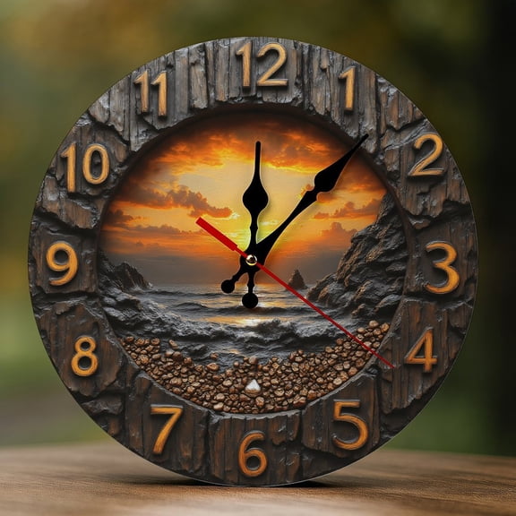 Wall Clock Decorative - Rustic Sunset Seascape Print 2D Vintage Wall Clocks Battery Operated Silent Non-Ticking for Bedroom, Living Room, Kitchen, Office, Classroom, 10 Inch