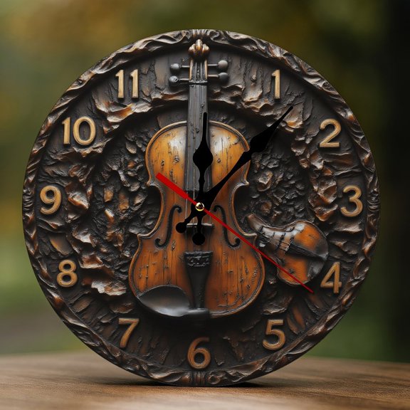 Wall Clock Decorative - Rustic Violin Melody Print 2D Vintage Wall Clocks Battery Operated Silent Non-Ticking for Bedroom, Living Room, Kitchen, Office, Classroom, 10 Inch