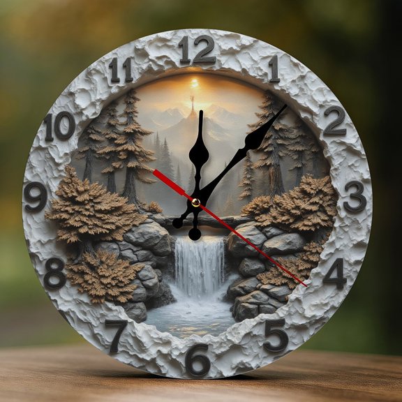 Wall Clock Decorative - Rustic Waterfall Forest-A Print 2D Vintage Wall Clocks Battery Operated Silent Non-Ticking for Bedroom, Living Room, Kitchen, Office, Classroom, 10 Inch