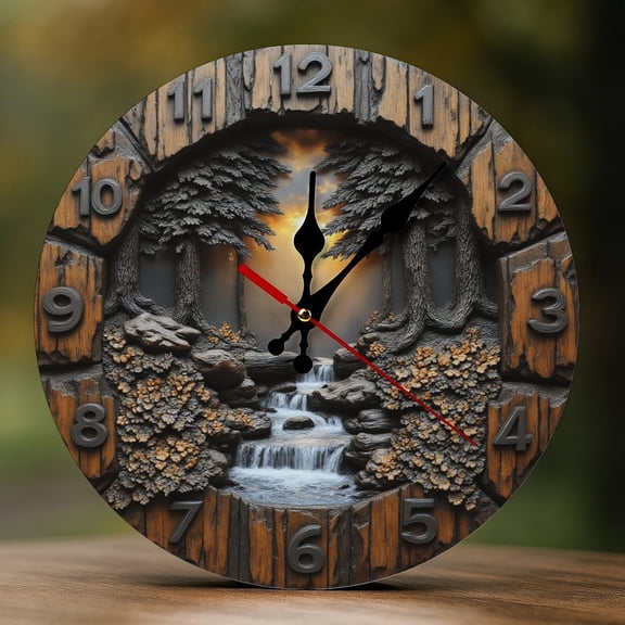 Wall Clock Decorative - Rustic Waterfall Forest Print 2D Vintage Wall Clocks Battery Operated Silent Non-Ticking for Bedroom, Living Room, Kitchen, Office, Classroom, 10 Inch