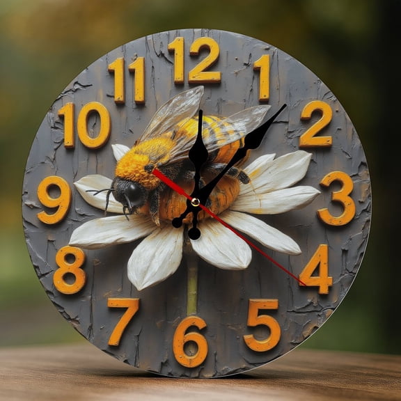 Wall Clock Decorative - Rustic Yellow Bee Blossom-A Print 2D Vintage Wall Clocks Battery Operated Silent Non-Ticking for Bedroom, Living Room, Kitchen, Office, Classroom, 10 Inch