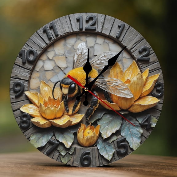 Wall Clock Decorative - Rustic Yellow Bee Blossom Print 2D Vintage Wall Clocks Battery Operated Silent Non-Ticking for Bedroom, Living Room, Kitchen, Office, Classroom, 10 Inch