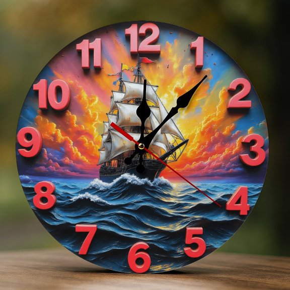 Wall Clock Decorative - Sailing Ship Sunset Print 2D Vintage Wall Clocks Battery Operated Silent Non-Ticking for Bedroom, Living Room, Kitchen, Office, Classroom, 10 Inch