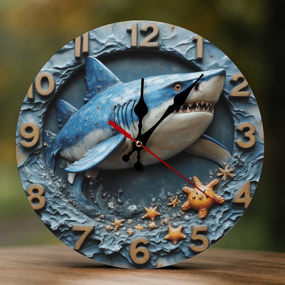 Wall Clock Decorative - Shark And Starfish Print 2D Vintage Wall Clocks Battery Operated Silent Non-Ticking for Bedroom, Living Room, Kitchen, Office, Classroom, 10 Inch