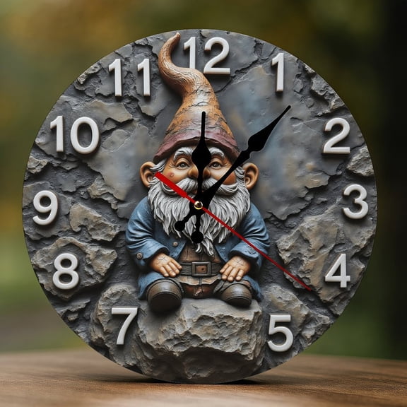 Wall Clock Decorative - Sitting Gnome Retro Print 2D Vintage Wall Clocks Battery Operated Silent Non-Ticking for Bedroom, Living Room, Kitchen, Office, Classroom, 10 Inch