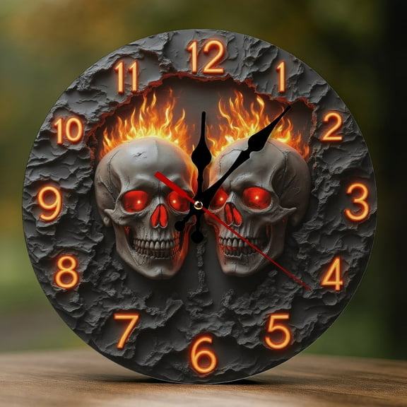 Wall Clock Decorative - Skull Flame Gothic Print 2D Vintage Wall Clocks Battery Operated Silent Non-Ticking for Bedroom, Living Room, Kitchen, Office, Classroom, 10 Inch
