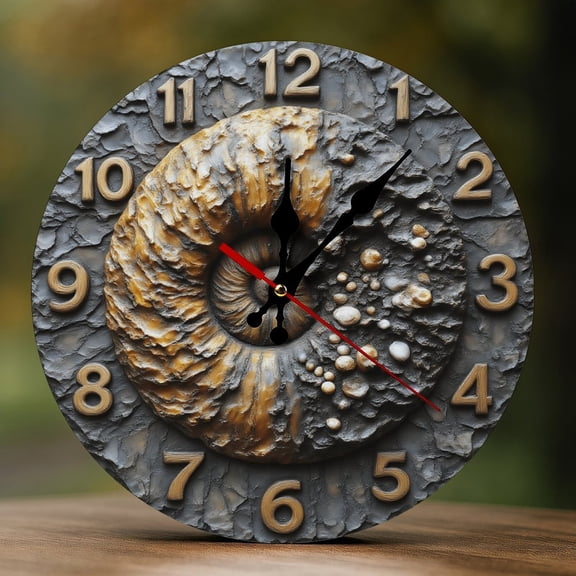 Wall Clock Decorative - Spiral Shell Fossil Print 2D Vintage Wall Clocks Battery Operated Silent Non-Ticking for Bedroom, Living Room, Kitchen, Office, Classroom, 10 Inch