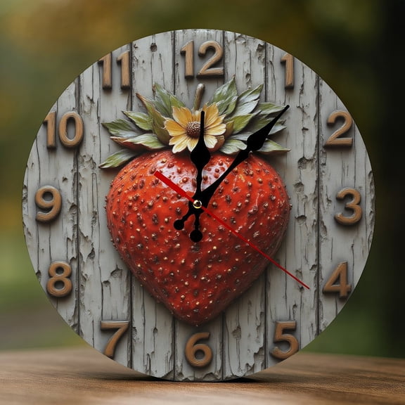 Wall Clock Decorative - Strawberry Flower Print 2D Vintage Wall Clocks Battery Operated Silent Non-Ticking for Bedroom, Living Room, Kitchen, Office, Classroom, 10 Inch