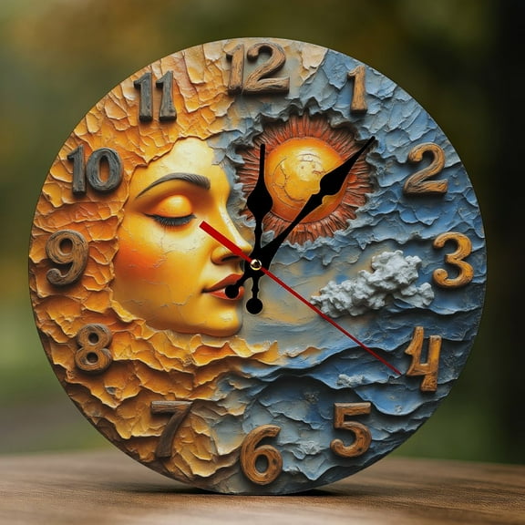 Wall Clock Decorative - Sun And Moon Face Print 2D Vintage Wall Clocks Battery Operated Silent Non-Ticking for Bedroom, Living Room, Kitchen, Office, Classroom, 10 Inch