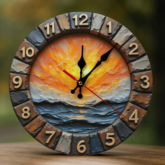 Wall Clock Decorative - Sunset Ocean Waves Print 2D Vintage Wall Clocks Battery Operated Silent Non-Ticking for Bedroom, Living Room, Kitchen, Office, Classroom, 10 Inch