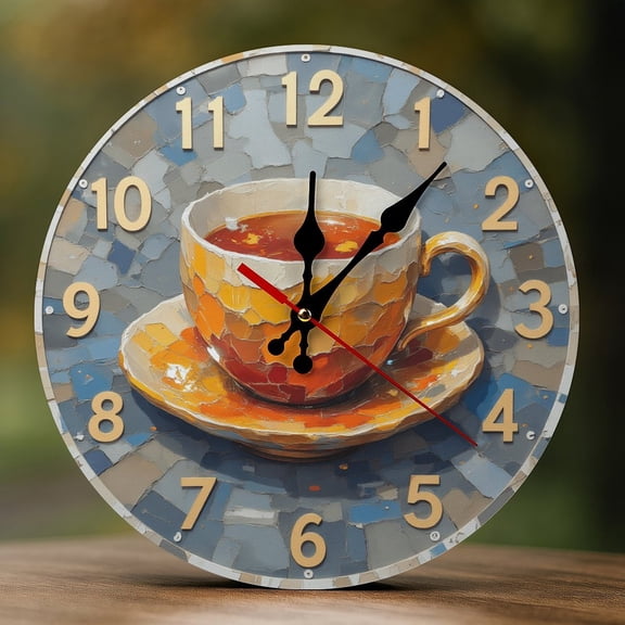 Wall Clock Decorative - Tea Cup with Warm Tones Print 2D Vintage Wall Clocks Battery Operated Silent Non-Ticking for Bedroom, Living Room, Kitchen, Office, Classroom, 10 Inch