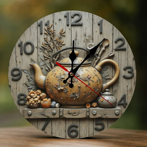 Wall Clock Decorative - Tea Pot Rustic Shelf Print 2D Vintage Wall Clocks Battery Operated Silent Non-Ticking for Bedroom, Living Room, Kitchen, Office, Classroom, 10 Inch