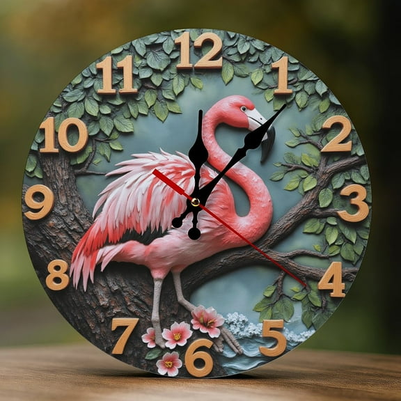 Wall Clock Decorative - Tropical Flamingo Flowers Print 2D Vintage Wall Clocks Battery Operated Silent Non-Ticking for Bedroom, Living Room, Kitchen, Office, Classroom, 10 Inch
