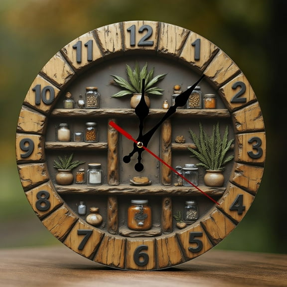 Wall Clock Decorative - Vintage Apothecary Shelf Print 2D Vintage Wall Clocks Battery Operated Silent Non-Ticking for Bedroom, Living Room, Kitchen, Office, Classroom, 10 Inch