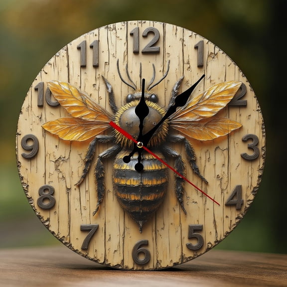 Wall Clock Decorative - Vintage Bee with Wood Grain Print 2D Vintage Wall Clocks Battery Operated Silent Non-Ticking for Bedroom, Living Room, Kitchen, Office, Classroom, 10 Inch