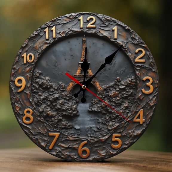 Wall Clock Decorative - Vintage Bronze Eiffel Tower Print 2D Vintage Wall Clocks Battery Operated Silent Non-Ticking for Bedroom, Living Room, Kitchen, Office, Classroom, 10 Inch