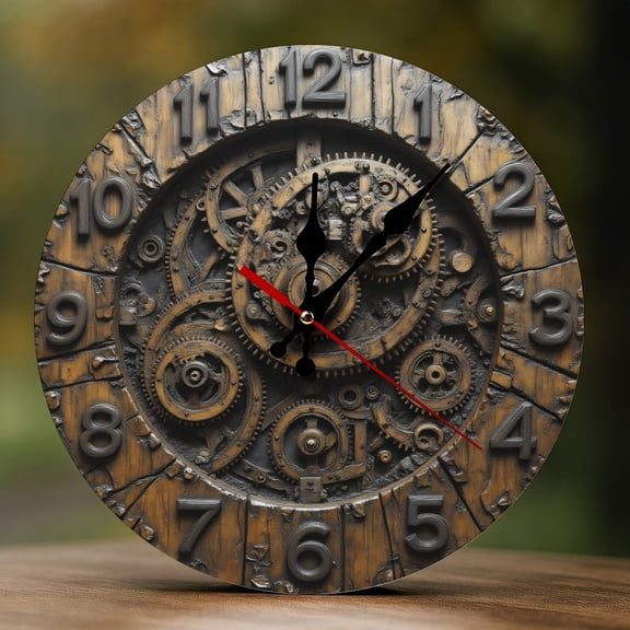 Wall Clock Decorative - Vintage Bronze Gears Print 2D Vintage Wall Clocks Battery Operated Silent Non-Ticking for Bedroom, Living Room, Kitchen, Office, Classroom, 10 Inch