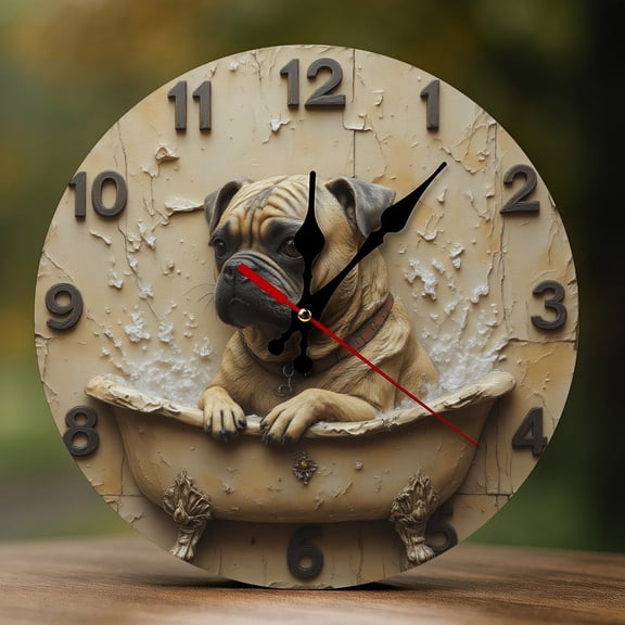 Wall Clock Decorative - Vintage Brown Pug Bath Print 2D Vintage Wall Clocks Battery Operated Silent Non-Ticking for Bedroom, Living Room, Kitchen, Office, Classroom, 10 Inch